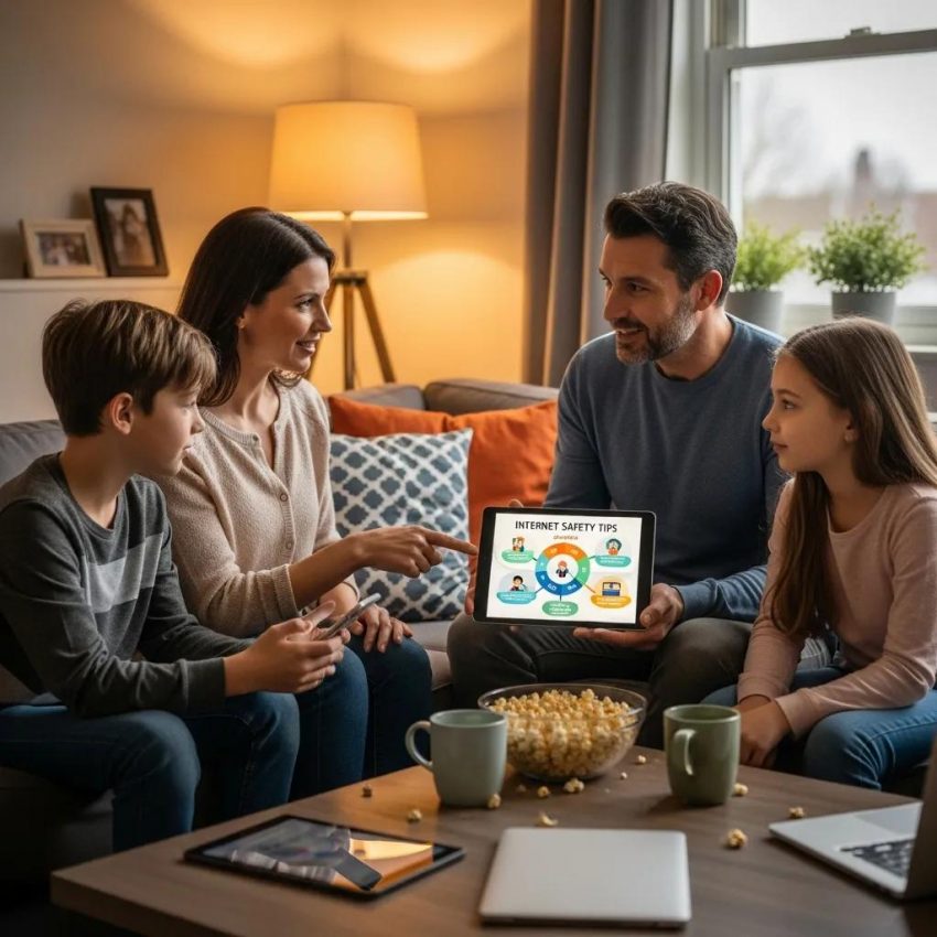 Family discussing online safety and best parental control apps in a cozy living room